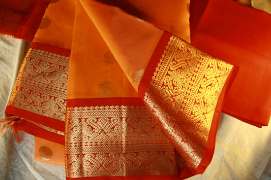 Saffron Orange Pure Silk Lightweight Kanjeevaram Saree Peacock Motifs Red Golden Zari Pallu | Silk Mark Cert