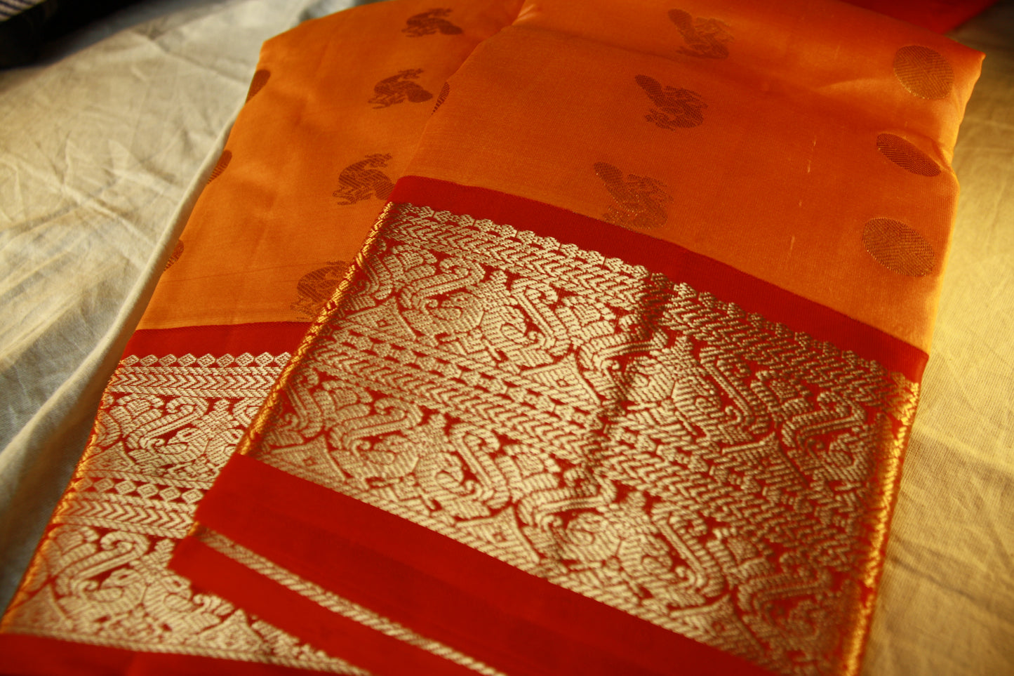Saffron Orange Pure Silk Lightweight Kanjeevaram Saree Peacock Motifs Red Golden Zari Pallu | Silk Mark Cert