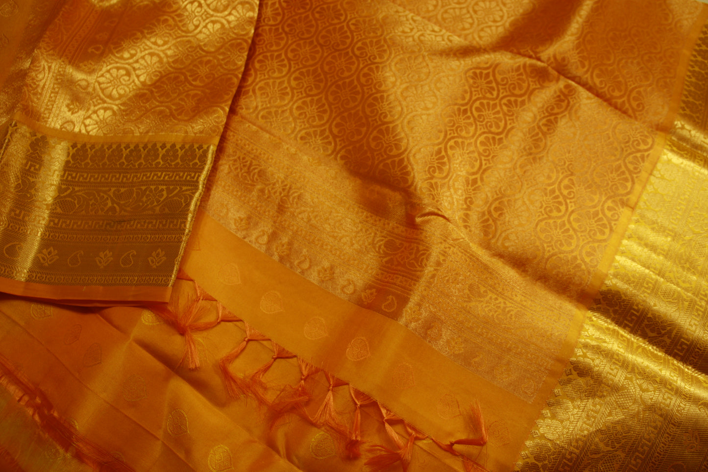 Lightweight Yellow Color Pure Silk Kanjeevaram Saree Golden Zari Pallu | Silk Mark Cert