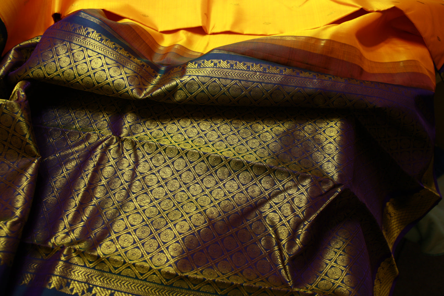Orange Yellow Pure Silk Kanjivaram Saree with Golden Zari work | SILK MARK CERTIFIED