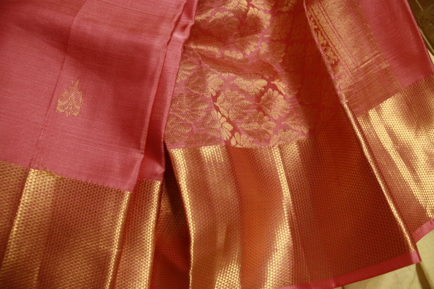 Lotus Pink Pure Silk Kanjivaram Lightweight Saree with Golden work | SILK MARK CERTIFIED