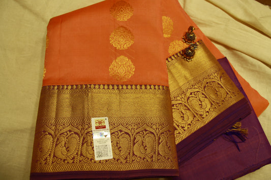Apricot Blush Color Pure Silk Kanjeevaram Handloom Lightweight Saree Peacock Purple and Golden Zari Pallu | SilkMarkCert