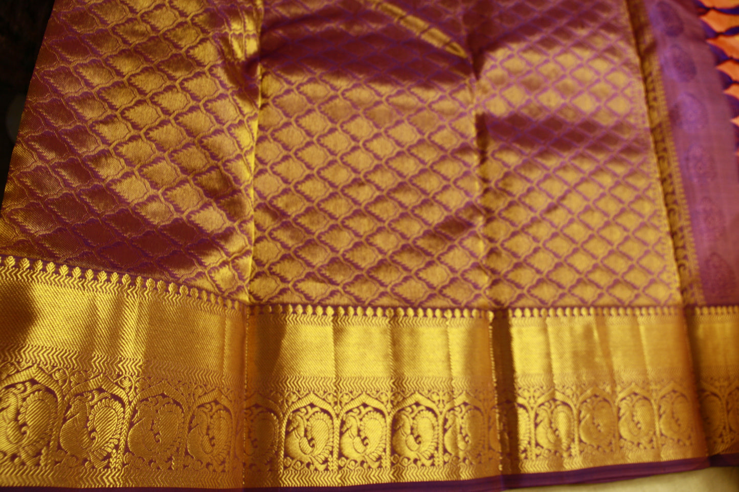 Apricot Blush Color Pure Silk Kanjeevaram Handloom Lightweight Saree Peacock Purple and Golden Zari Pallu | SilkMarkCert