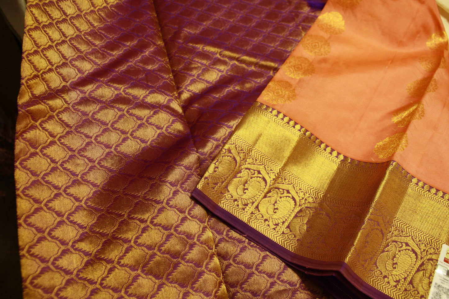 Apricot Blush Color Pure Silk Kanjeevaram Handloom Lightweight Saree Peacock Purple and Golden Zari Pallu | SilkMarkCert