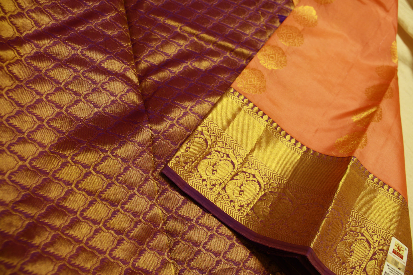Apricot Blush Color Pure Silk Kanjeevaram Handloom Lightweight Saree Peacock Purple and Golden Zari Pallu | SilkMarkCert