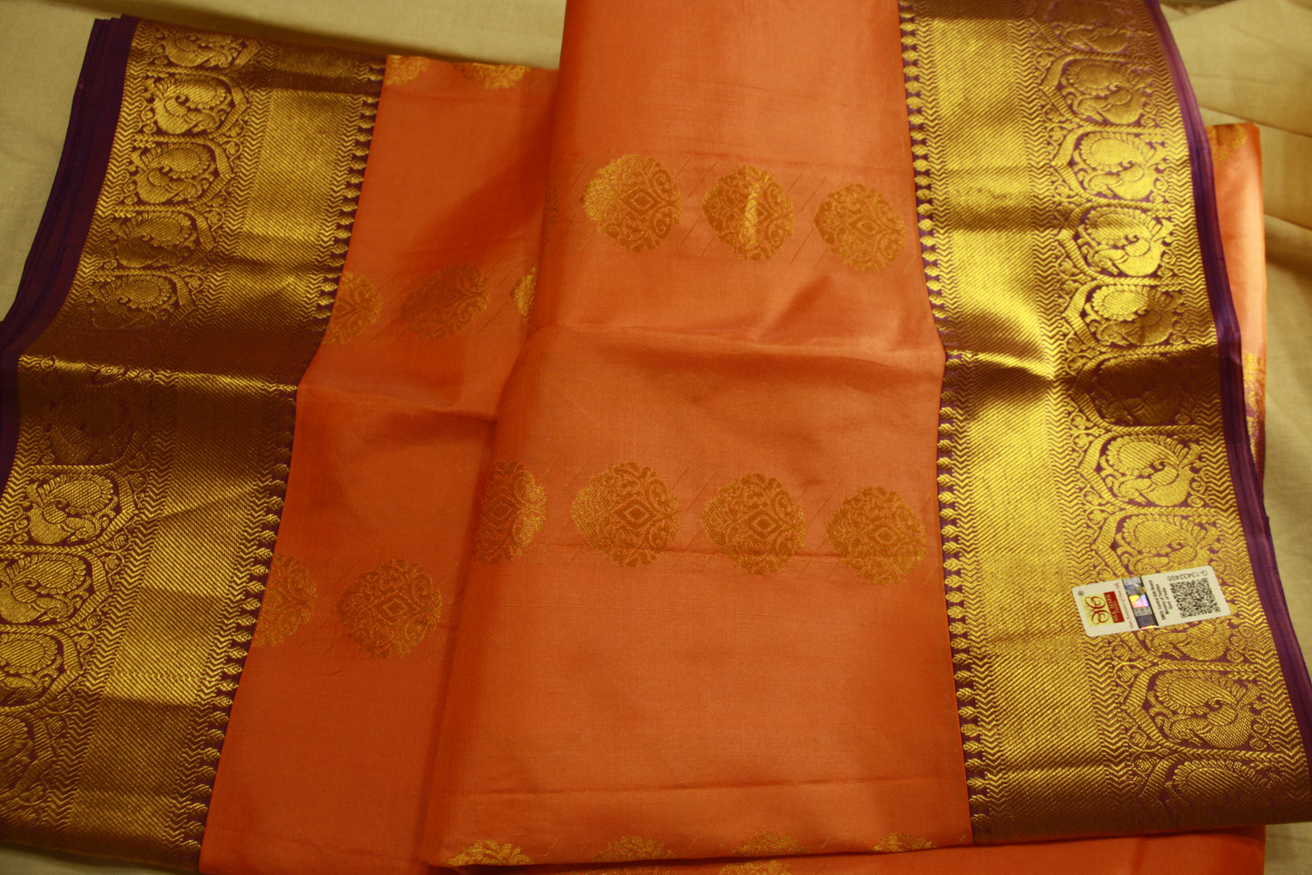 Apricot Blush Color Pure Silk Kanjeevaram Handloom Lightweight Saree Peacock Purple and Golden Zari Pallu | SilkMarkCert