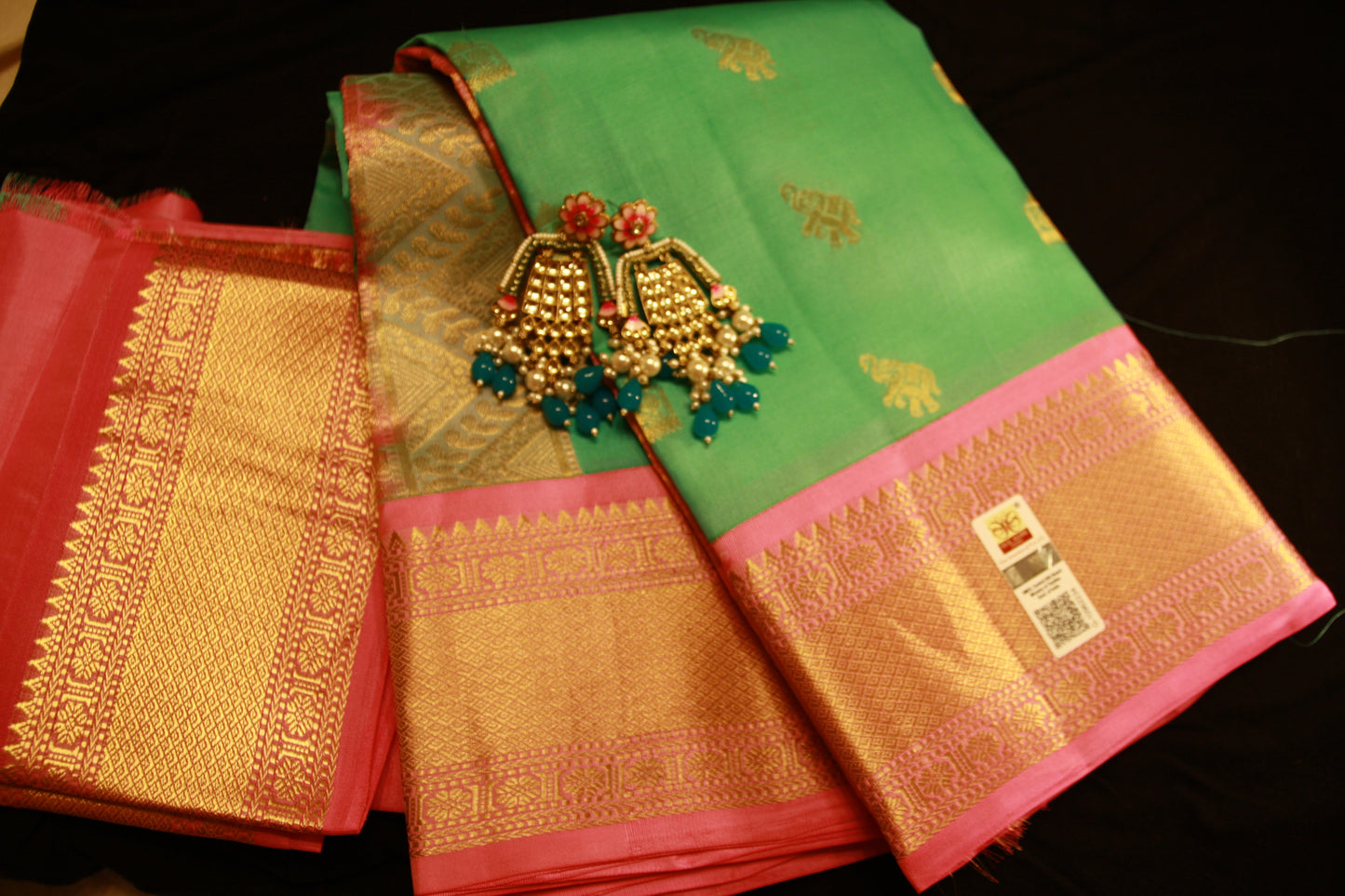 Sea Green Color Pure Silk Lightweight  Kanjeevaram with Pink Golden Zari Pallu and Elephant motifs | Silk Mark Cert