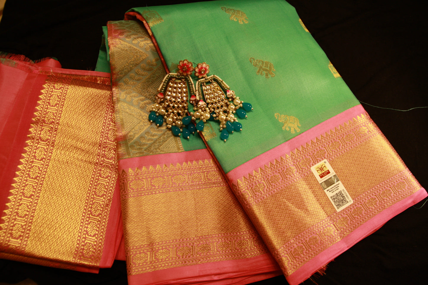Sea Green Color Pure Silk Lightweight  Kanjeevaram with Pink Golden Zari Pallu and Elephant motifs | Silk Mark Cert