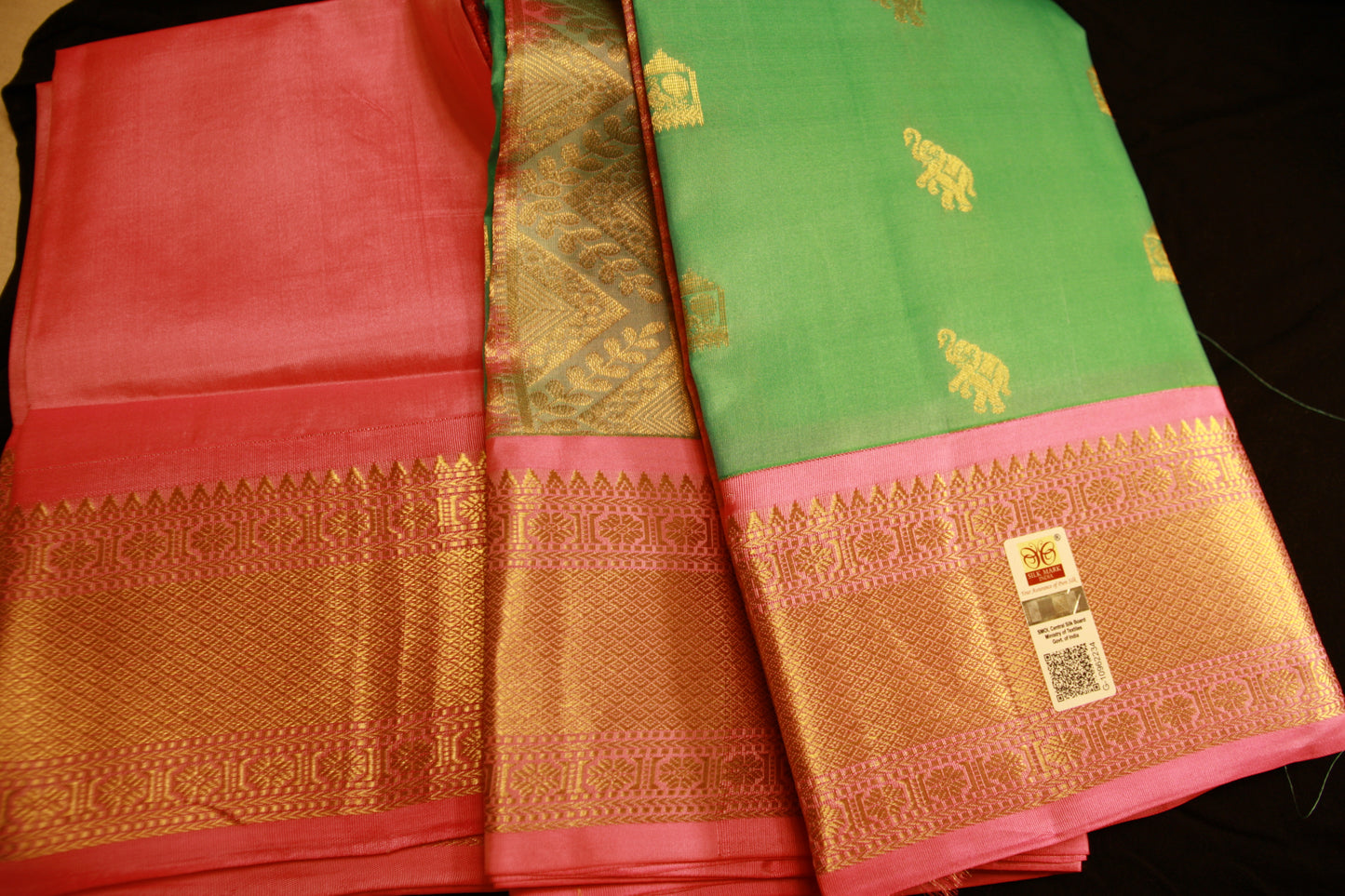 Sea Green Color Pure Silk Lightweight  Kanjeevaram with Pink Golden Zari Pallu and Elephant motifs | Silk Mark Cert