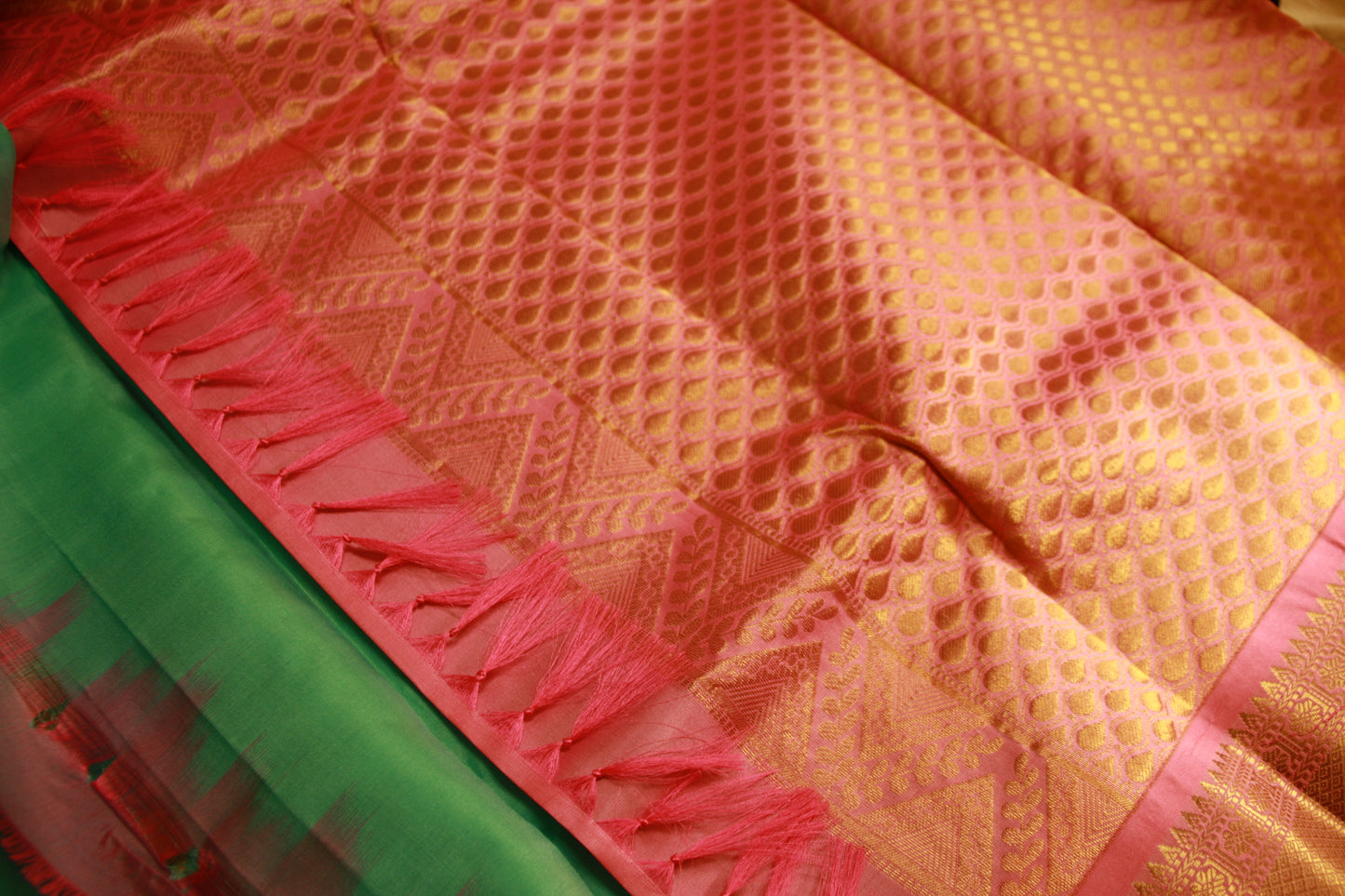 Sea Green Color Pure Silk Lightweight  Kanjeevaram with Pink Golden Zari Pallu and Elephant motifs | Silk Mark Cert