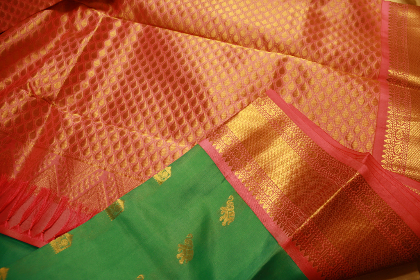 Sea Green Color Pure Silk Lightweight  Kanjeevaram with Pink Golden Zari Pallu and Elephant motifs | Silk Mark Cert