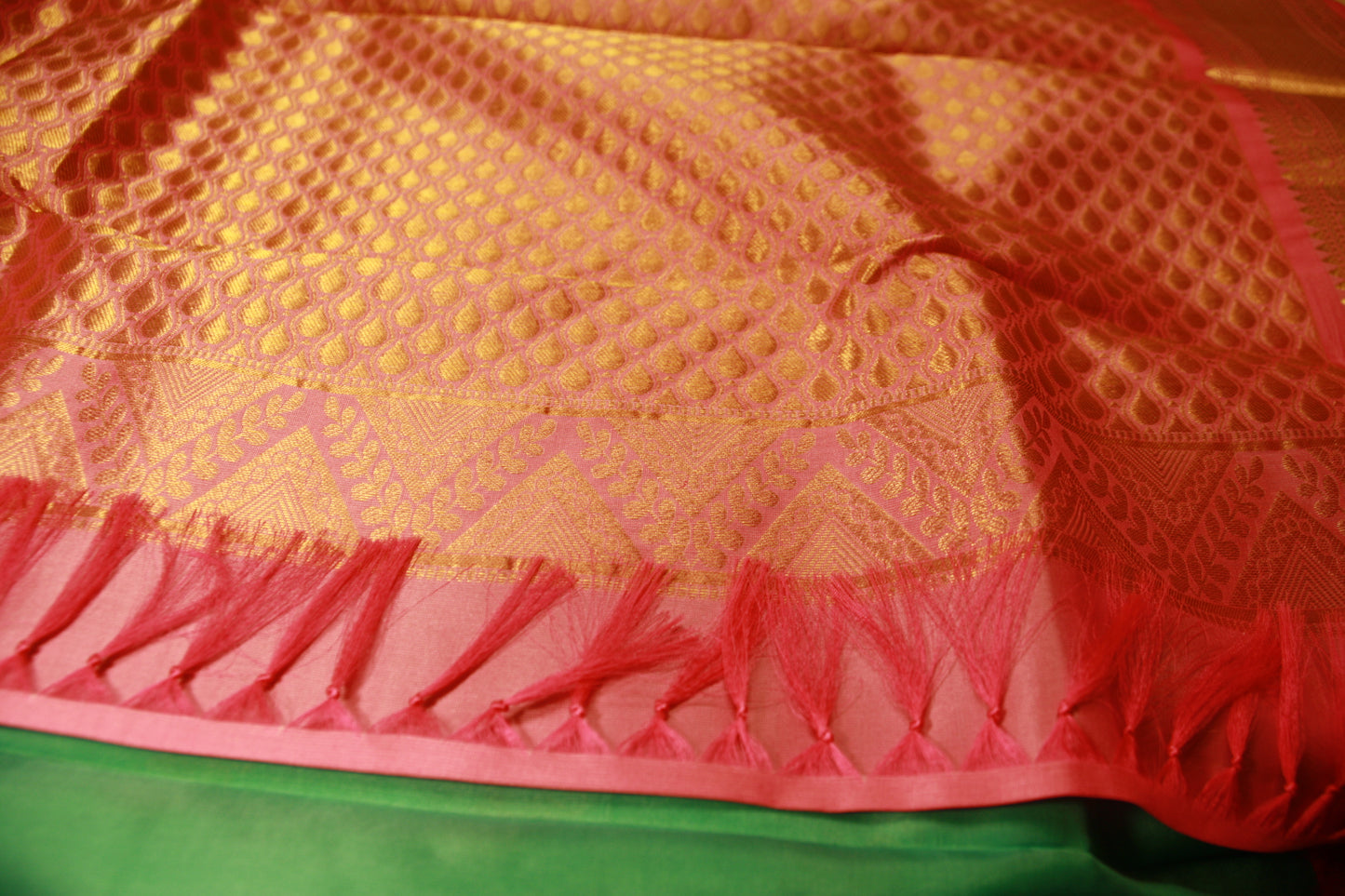 Sea Green Color Pure Silk Lightweight  Kanjeevaram with Pink Golden Zari Pallu and Elephant motifs | Silk Mark Cert