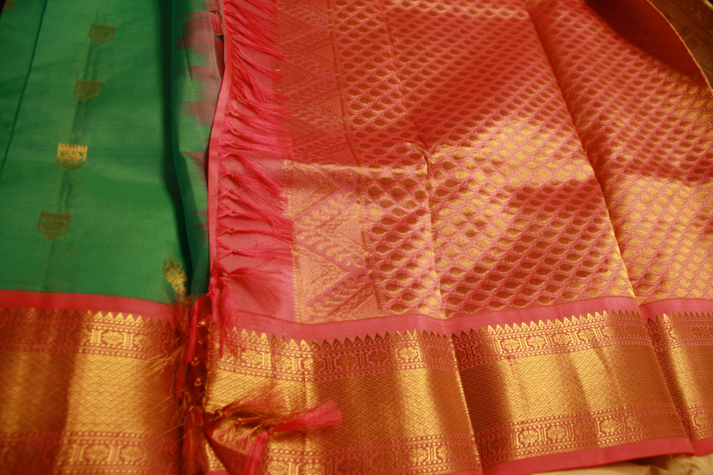 Sea Green Color Pure Silk Lightweight  Kanjeevaram with Pink Golden Zari Pallu and Elephant motifs | Silk Mark Cert