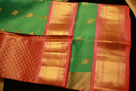 Sea Green Color Pure Silk Lightweight  Kanjeevaram with Pink Golden Zari Pallu and Elephant motifs | Silk Mark Cert