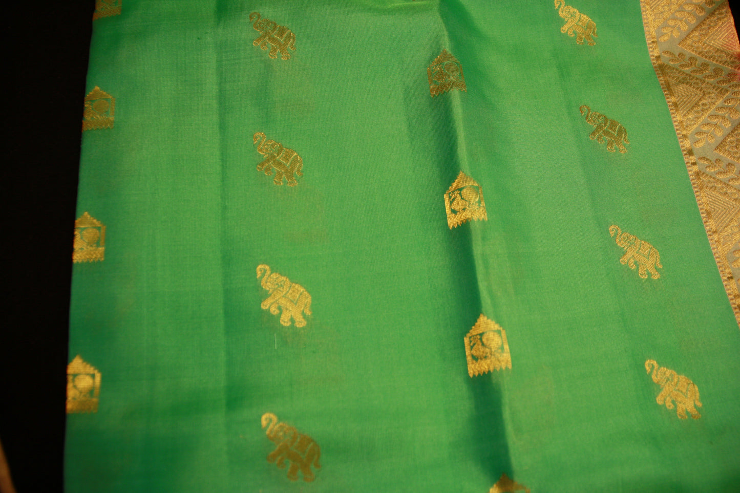Sea Green Color Pure Silk Lightweight  Kanjeevaram with Pink Golden Zari Pallu and Elephant motifs | Silk Mark Cert