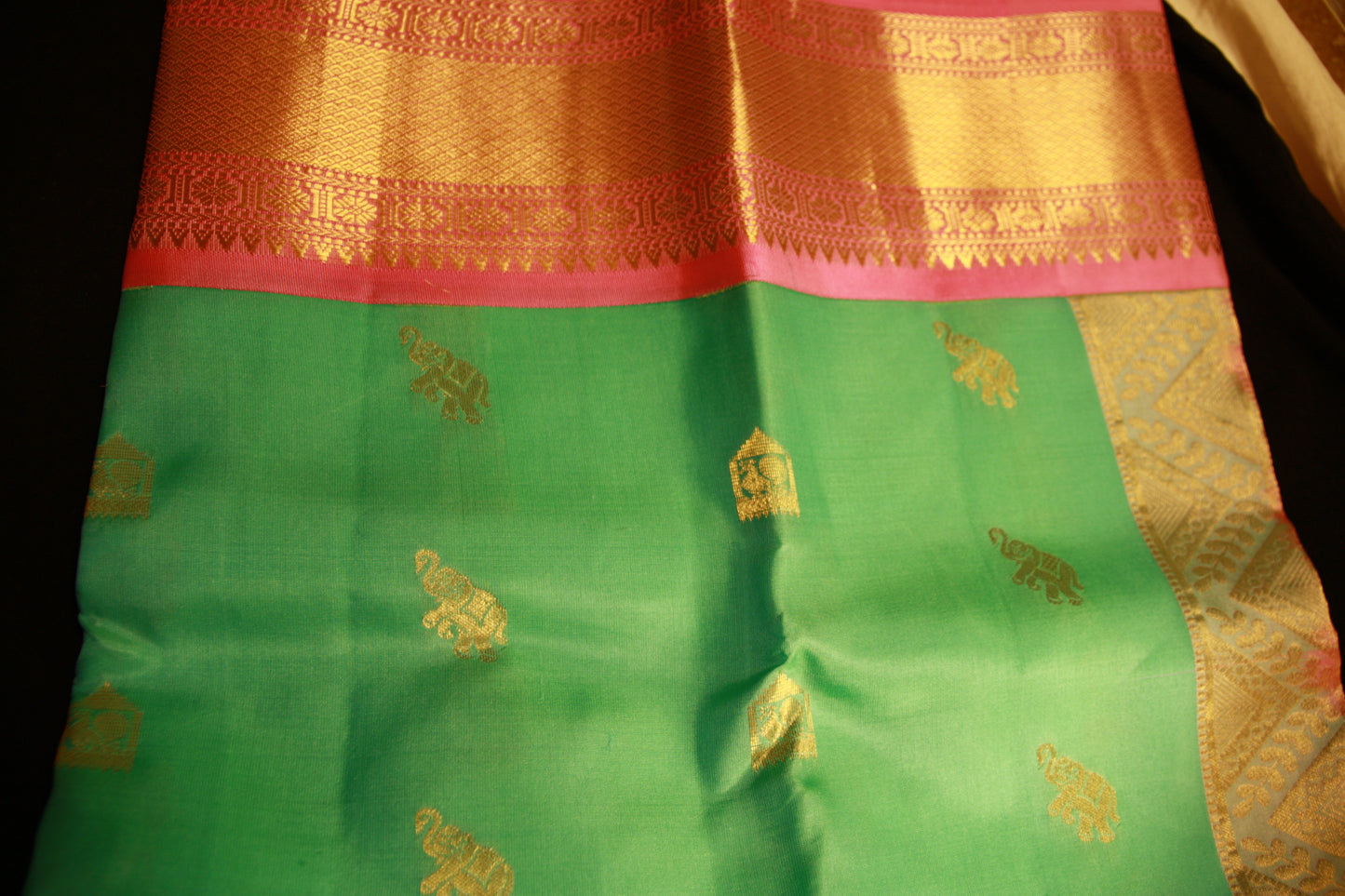 Sea Green Color Pure Silk Lightweight  Kanjeevaram with Pink Golden Zari Pallu and Elephant motifs | Silk Mark Cert