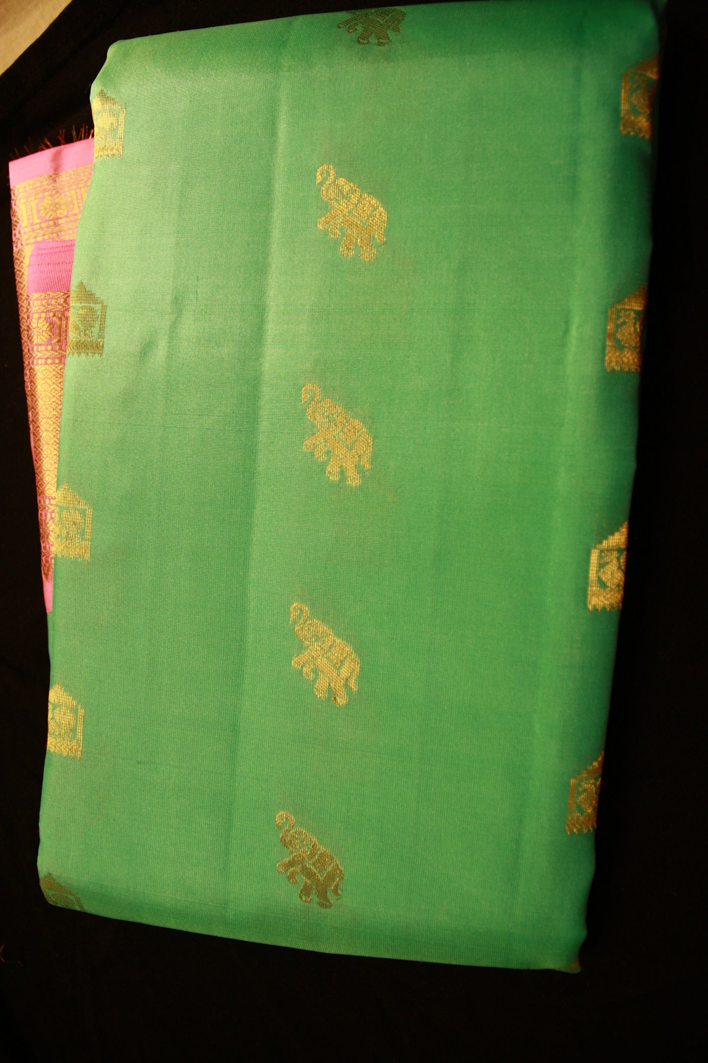 Sea Green Color Pure Silk Lightweight  Kanjeevaram with Pink Golden Zari Pallu and Elephant motifs | Silk Mark Cert
