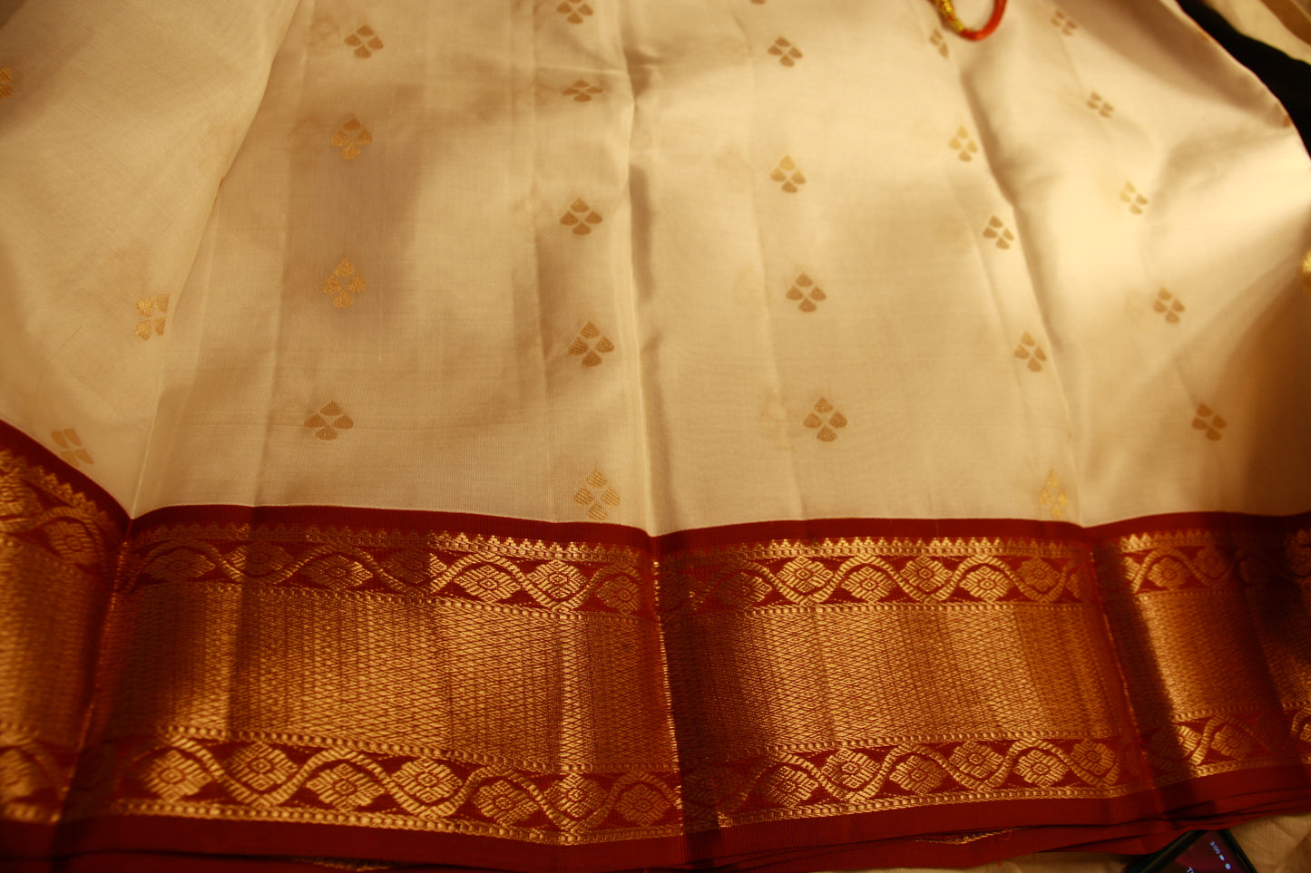 White Pure Silk Lightweight Kanjeevaram Saree Handloom Saree and with Golden Maroon Zari work | SILK MARK CERTIFIED