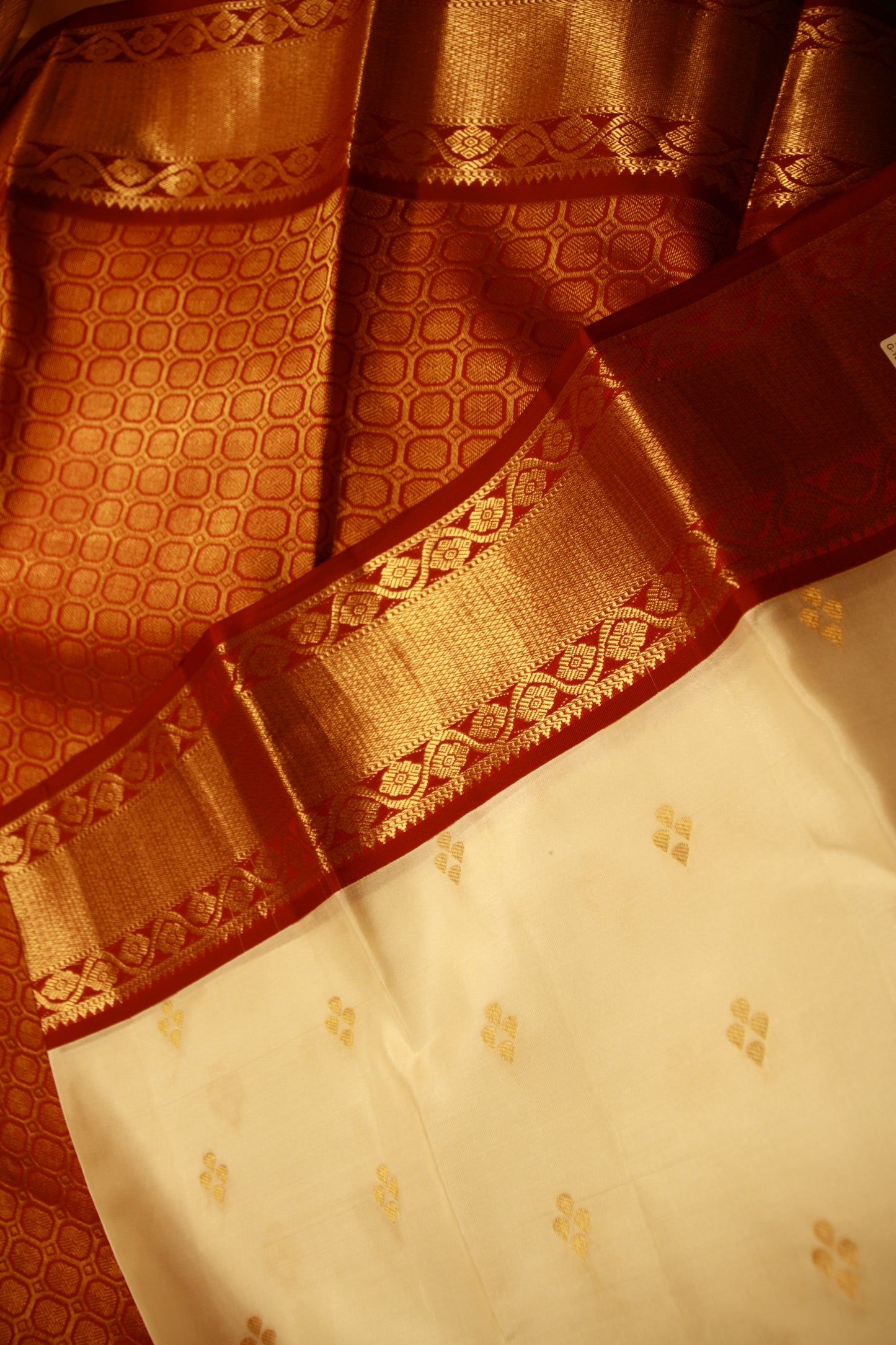 White Pure Silk Lightweight Kanjeevaram Saree Handloom Saree and with Golden Maroon Zari work | SILK MARK CERTIFIED