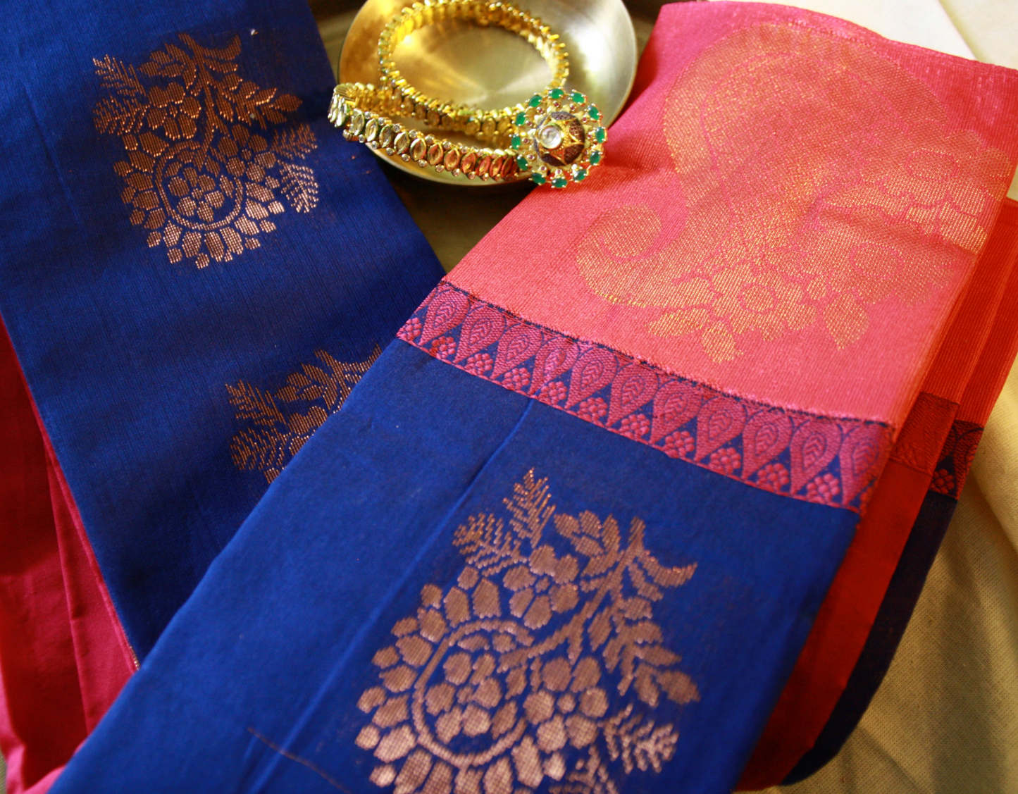 Peacock Blue Cotton Saree with Big Rose Pink Border and Golden work.