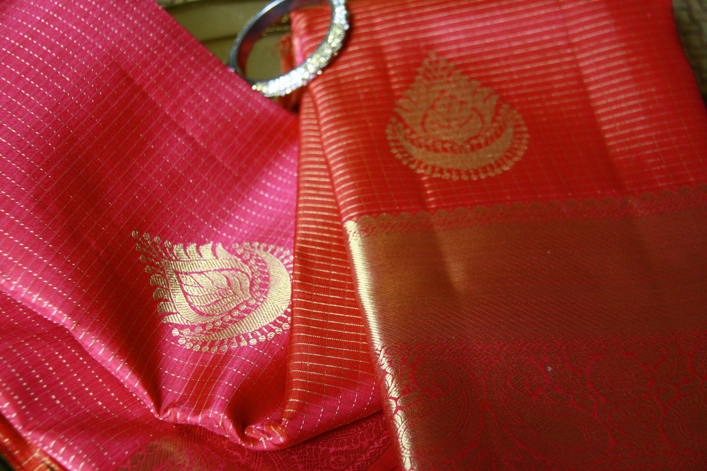 Dark Pink Pure Silk Kanjivaram Saree |Checks Saree with Golden work | SILK MARK CERTIFIED