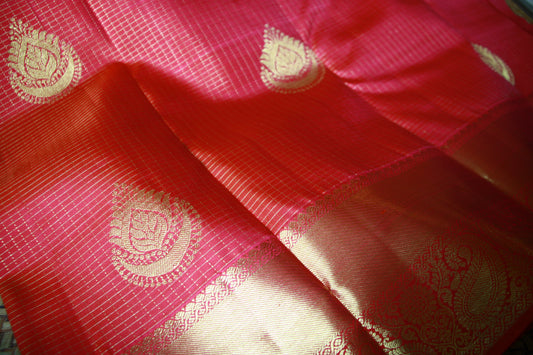 Dark Pink Pure Silk Kanjivaram Saree |Checks Saree with Golden work | SILK MARK CERTIFIED