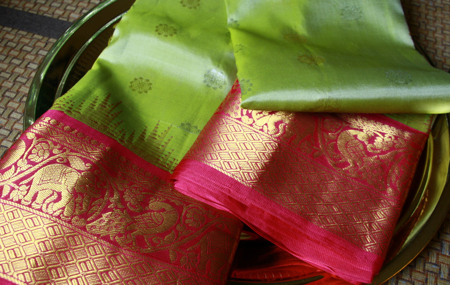 Green Pista Pure Silk Kanjivaram Saree with Bright Rose Pink and Golden Zari border | SILK MARK CERTIFIED