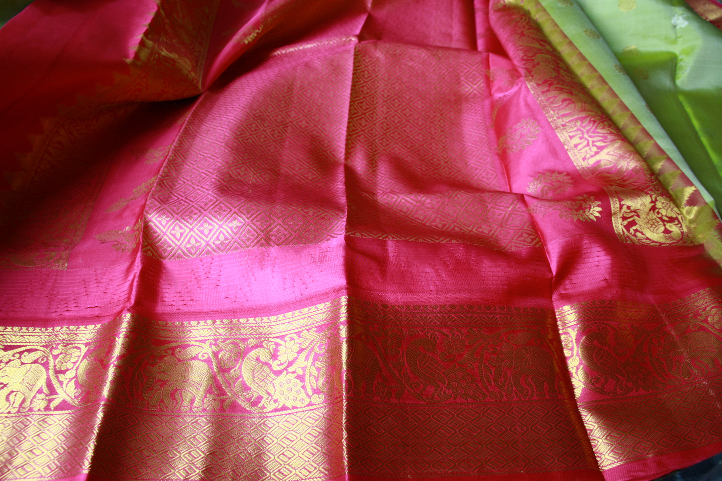 Green Pista Pure Silk Kanjivaram Saree with Bright Rose Pink and Golden Zari border | SILK MARK CERTIFIED