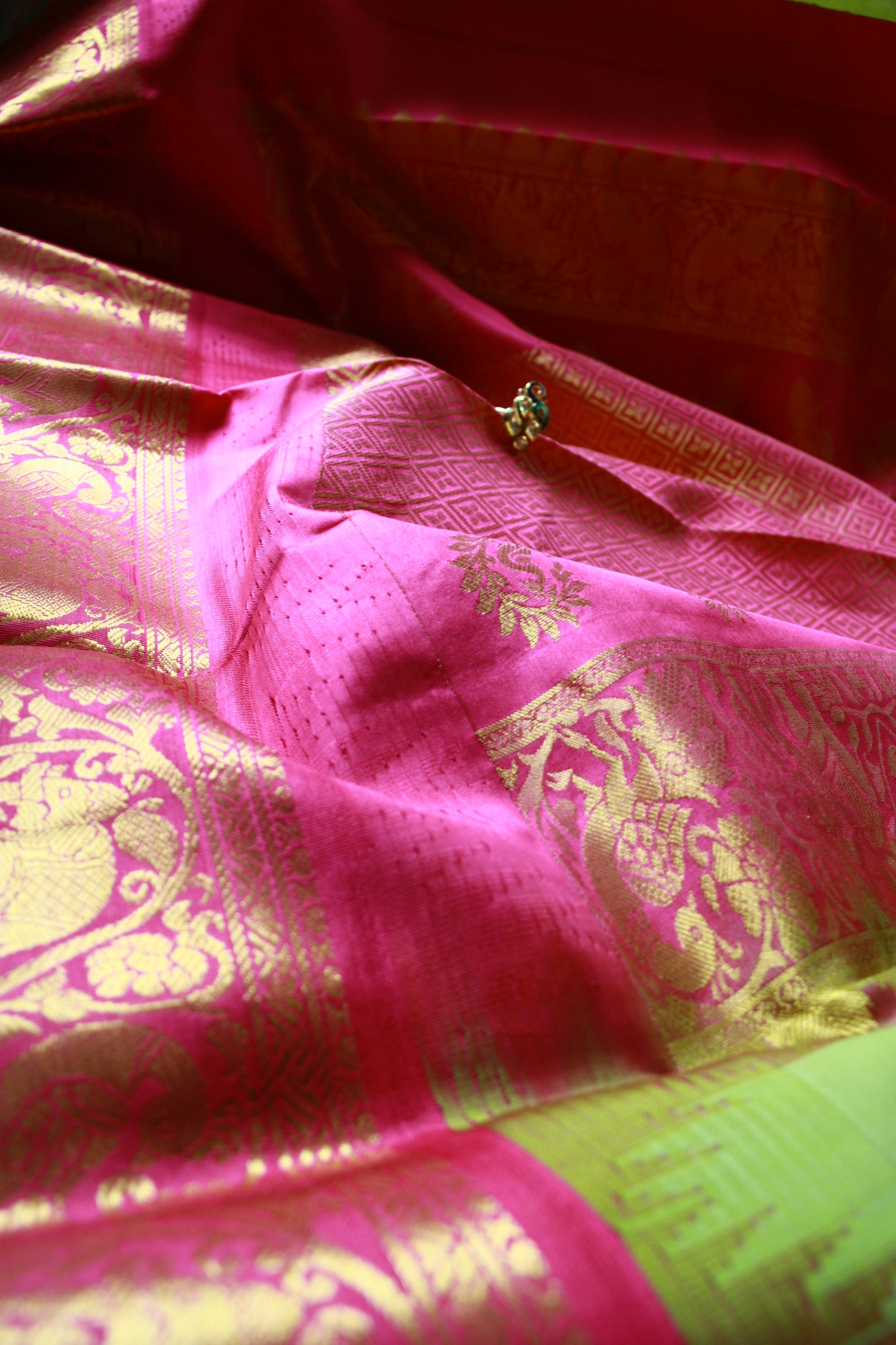 Green Pista Pure Silk Kanjivaram Saree with Bright Rose Pink and Golden Zari border | SILK MARK CERTIFIED