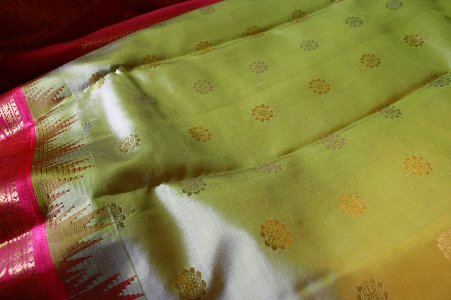 Green Pista Pure Silk Kanjivaram Saree with Bright Rose Pink and Golden Zari border | SILK MARK CERTIFIED