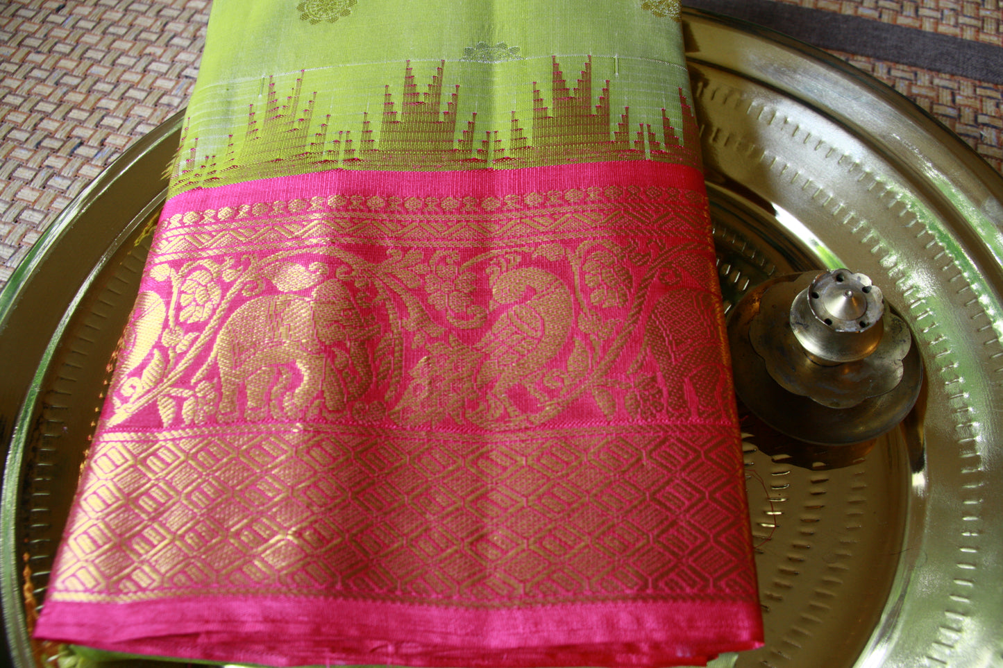 Green Pista Pure Silk Kanjivaram Saree with Bright Rose Pink and Golden Zari border | SILK MARK CERTIFIED