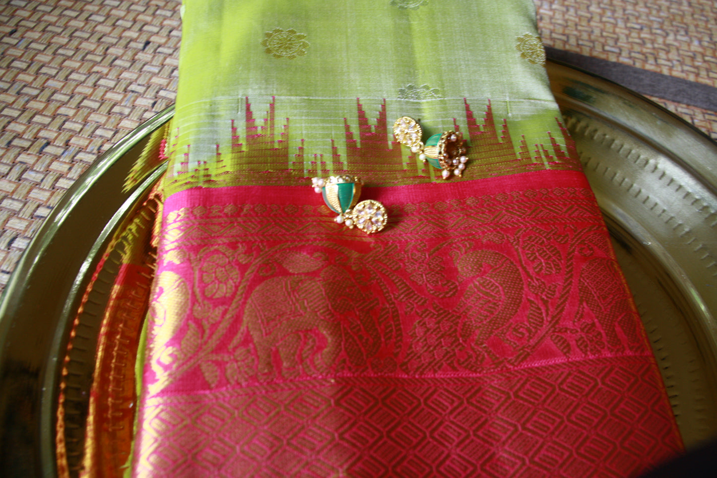 Green Pista Pure Silk Kanjivaram Saree with Bright Rose Pink and Golden Zari border | SILK MARK CERTIFIED