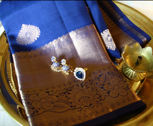 Royal Blue Silk Kanjivaram Saree with Golden Zari work | SILK MARK CERTIFIED