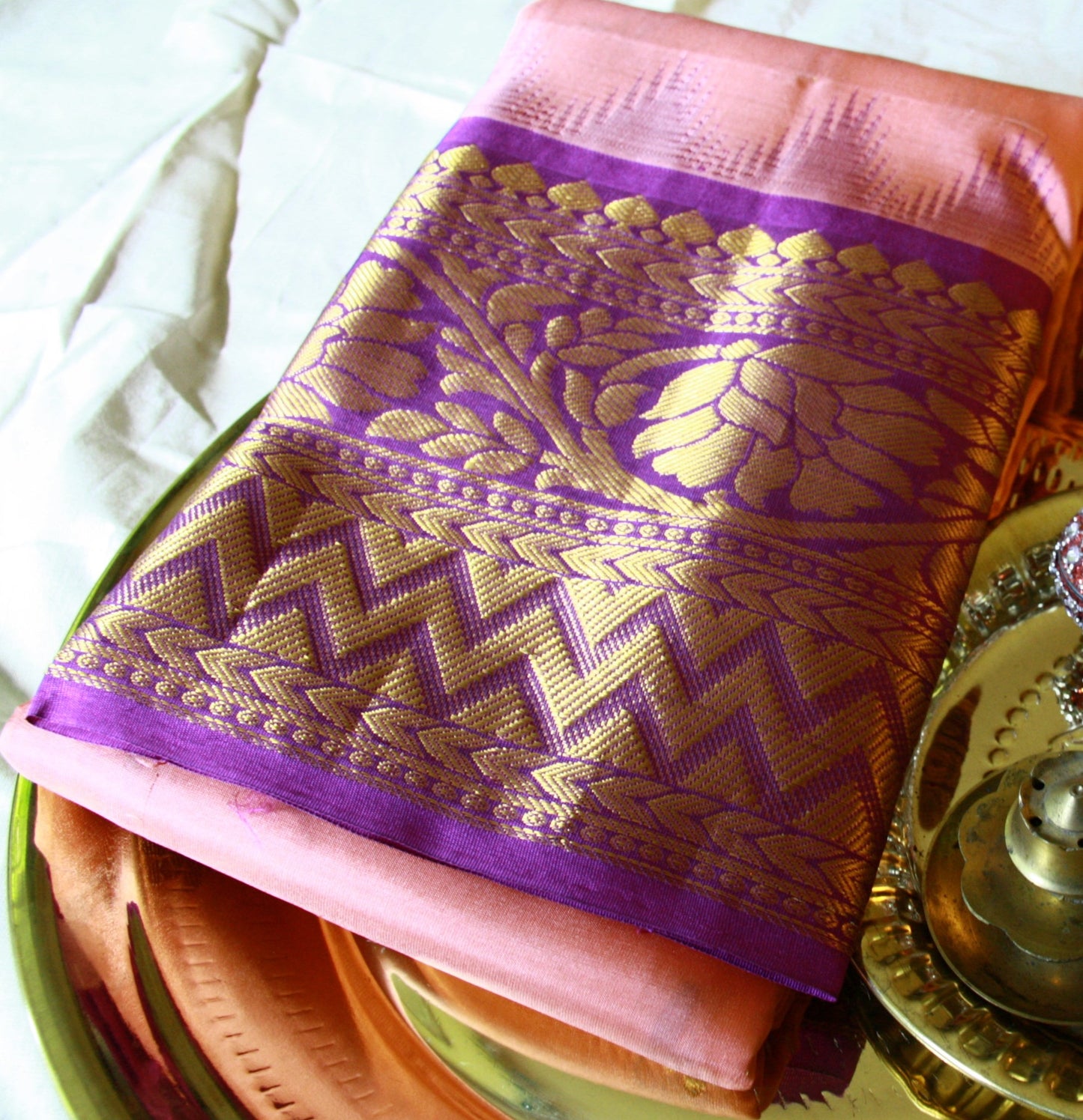 Peach Pure Silk Kanjivaram Saree with Purple and Golden Zari work | SILK MARK CERTIFIED