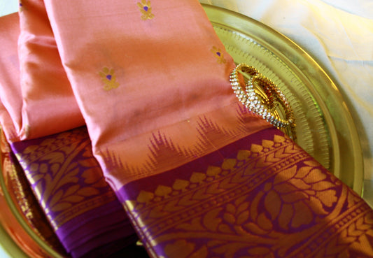 Peach Pure Silk Kanjivaram Saree with Purple and Golden Zari work | SILK MARK CERTIFIED