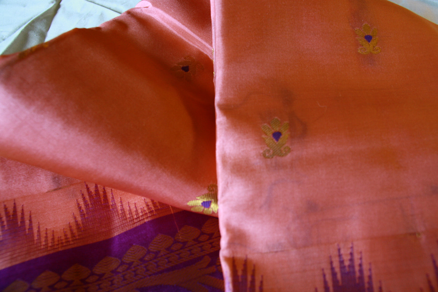 Peach Pure Silk Kanjivaram Saree with Purple and Golden Zari work | SILK MARK CERTIFIED