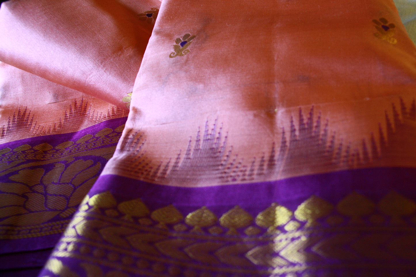 Peach Pure Silk Kanjivaram Saree with Purple and Golden Zari work | SILK MARK CERTIFIED