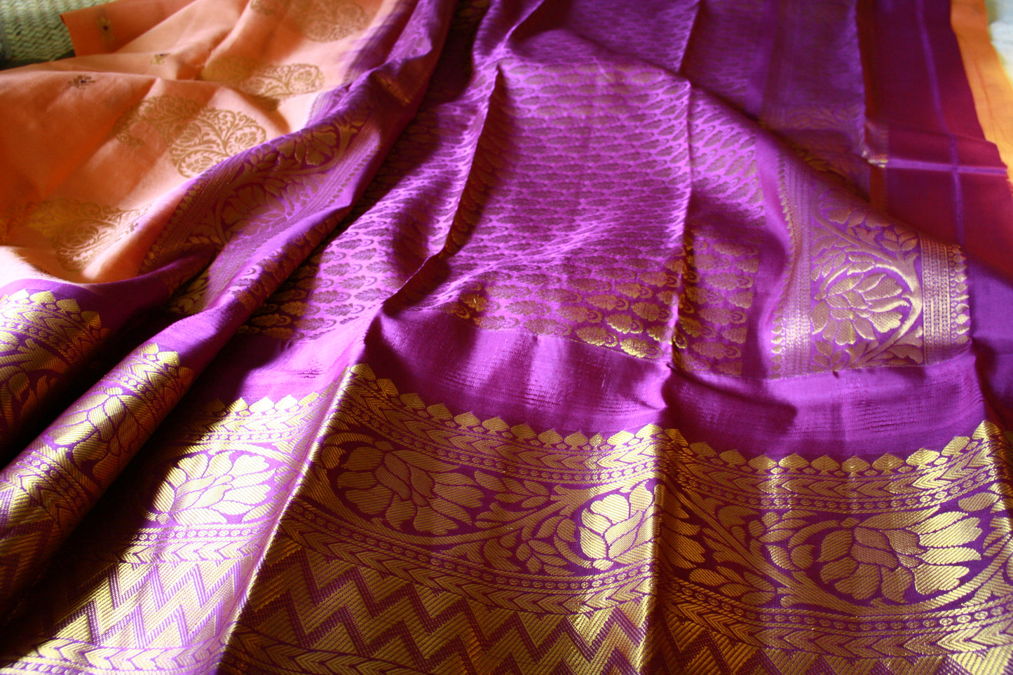 Peach Pure Silk Kanjivaram Saree with Purple and Golden Zari work | SILK MARK CERTIFIED