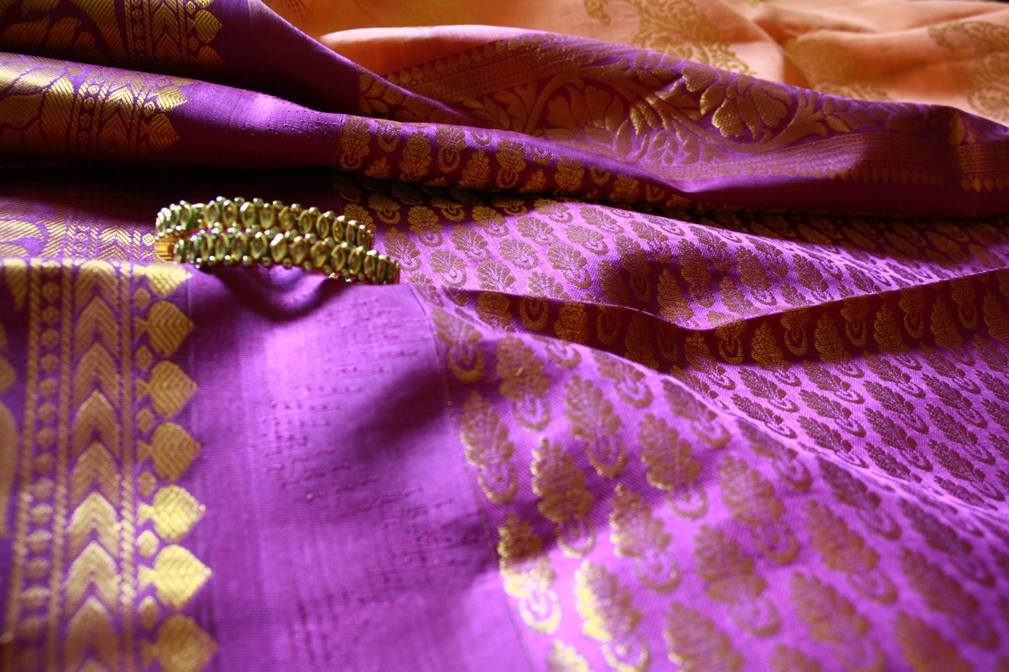 Peach Pure Silk Kanjivaram Saree with Purple and Golden Zari work | SILK MARK CERTIFIED