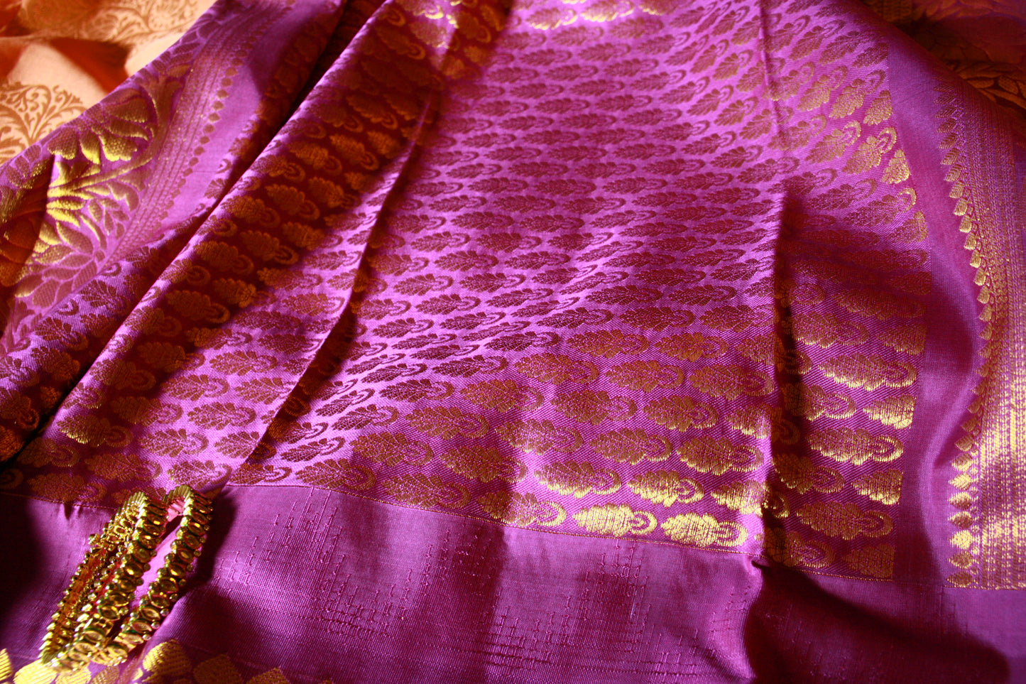 Peach Pure Silk Kanjivaram Saree with Purple and Golden Zari work | SILK MARK CERTIFIED