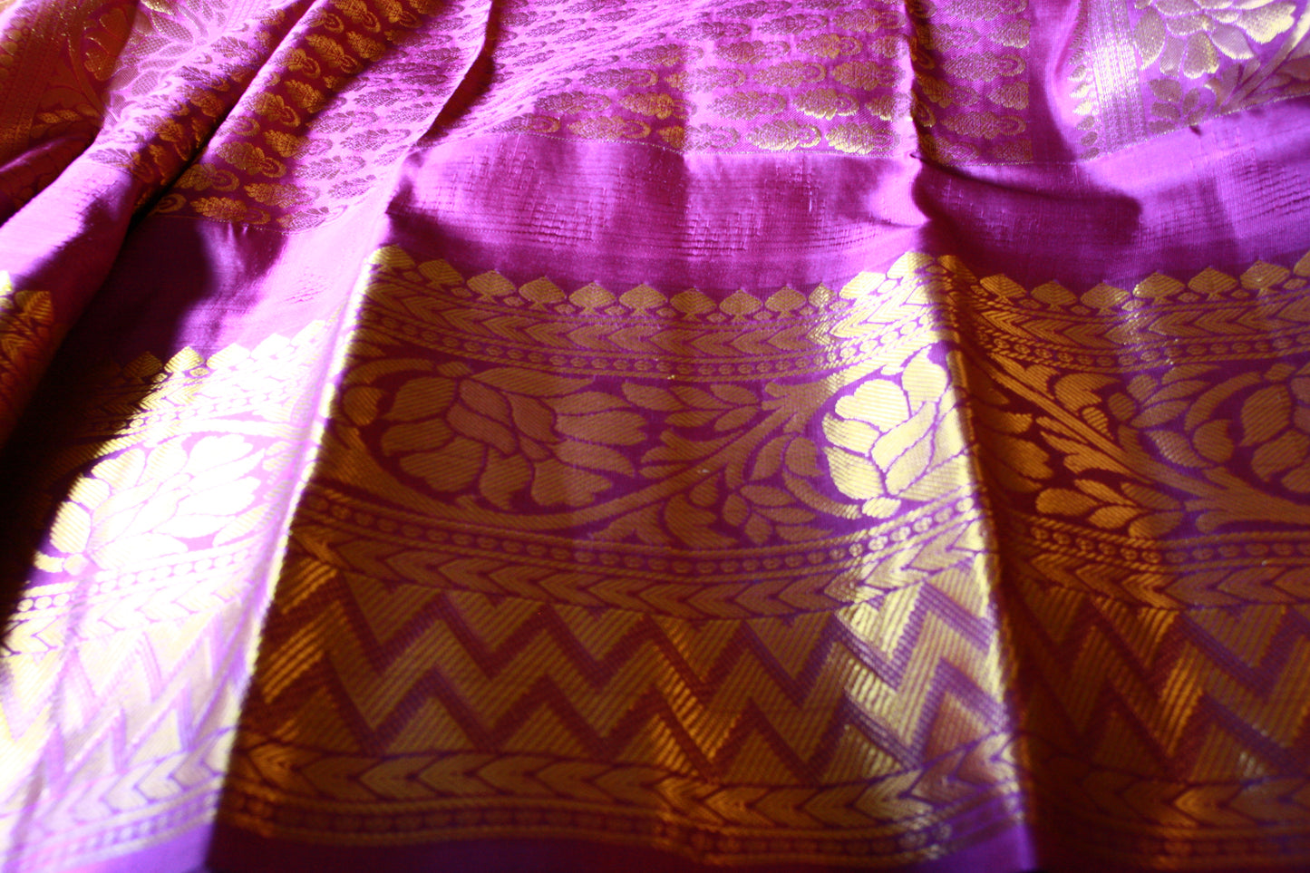 Peach Pure Silk Kanjivaram Saree with Purple and Golden Zari work | SILK MARK CERTIFIED