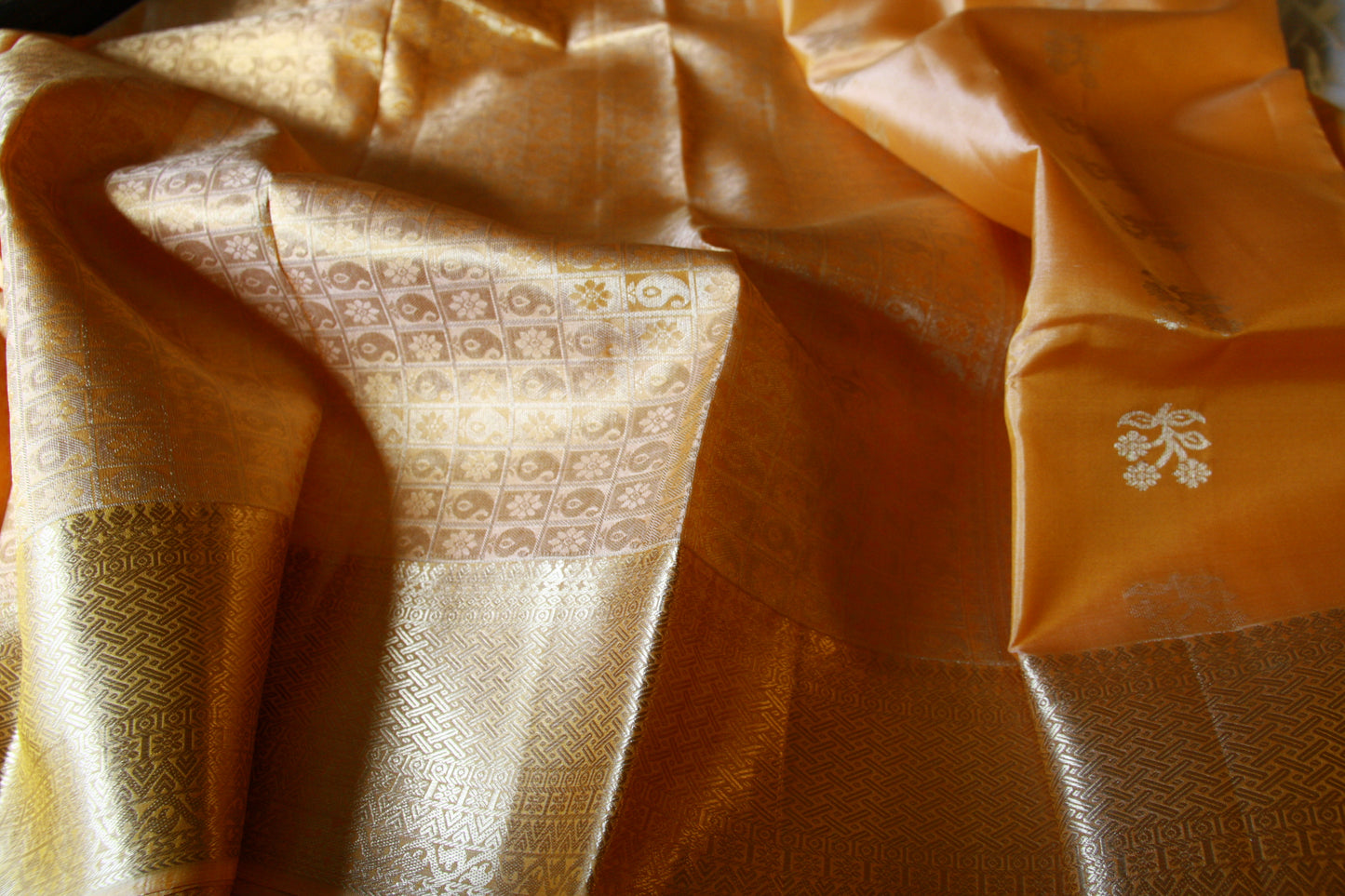 Apricot Orange Color Lightweight Pure Silk Kanjivaram Saree with Soft Golden Zari work | SILK MARK CERTIFIED