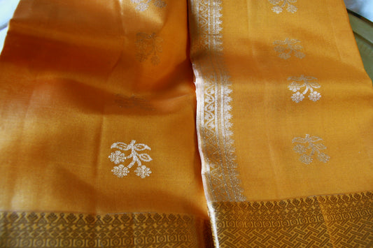 Apricot Orange Color Lightweight Pure Silk Kanjivaram Saree with Soft Golden Zari work | SILK MARK CERTIFIED