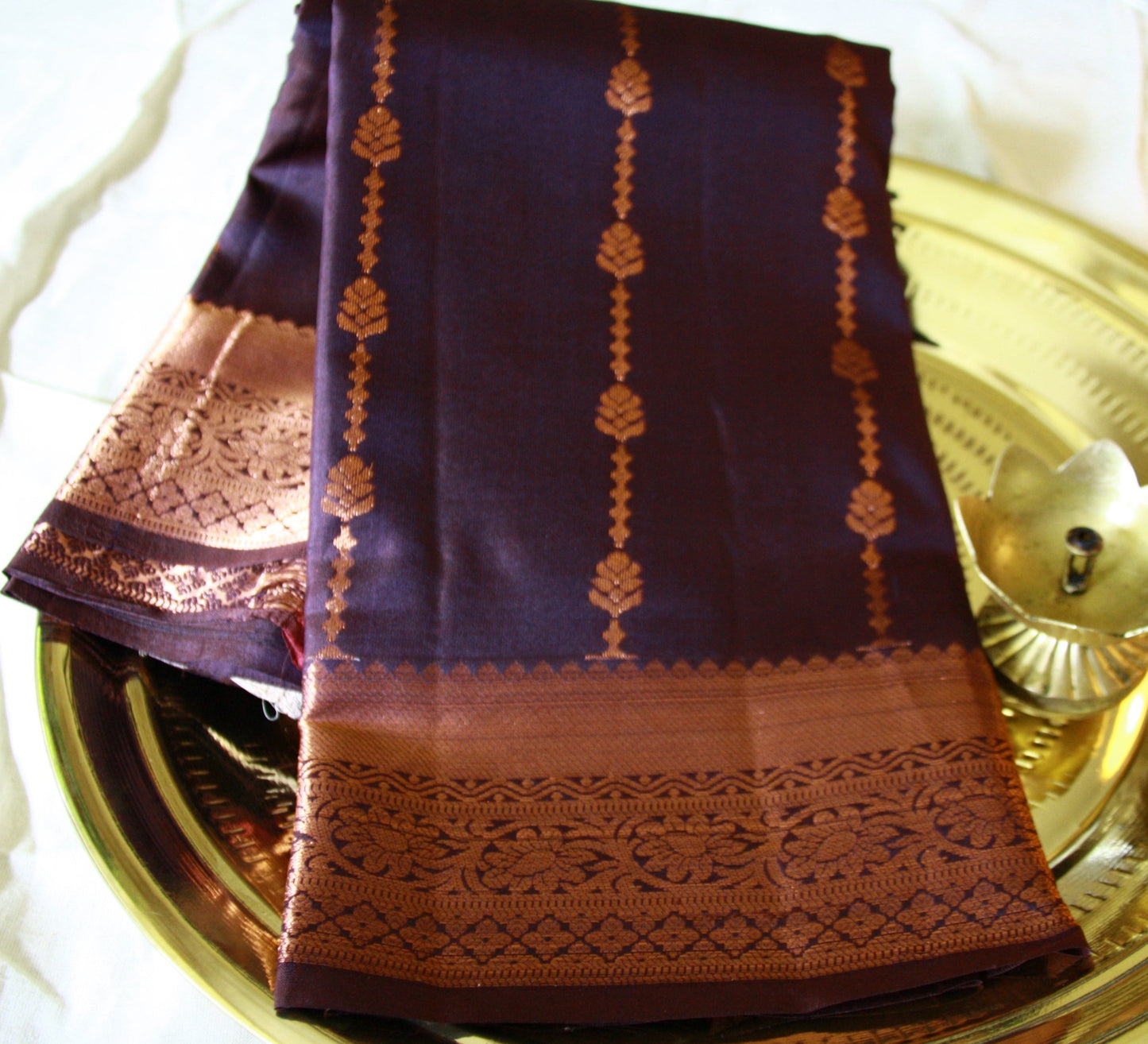 Eggplant Color Pure Silk Kanjivaram Saree with Copper Zari Border | SILK MARK CERTIFIED