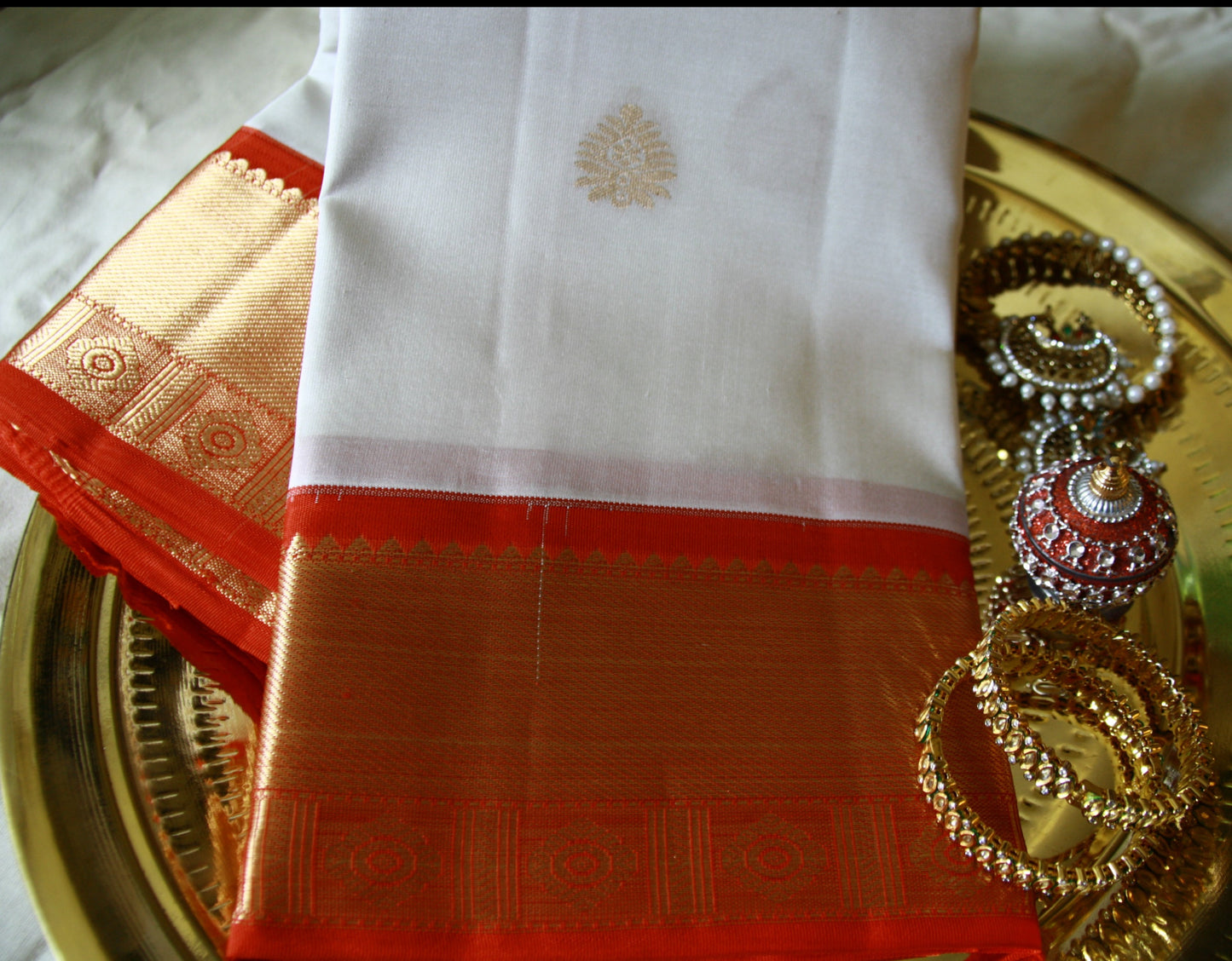 Swan White Pure Silk Kanjivaram Saree with Red and Golden Zari work | SILK MARK CERTIFIED