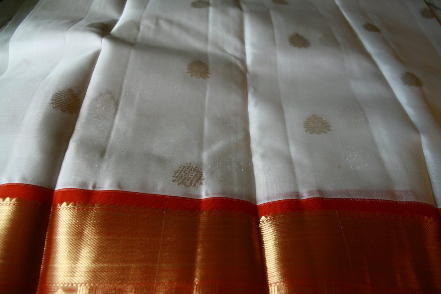 Swan White Pure Silk Kanjivaram Saree with Red and Golden Zari work | SILK MARK CERTIFIED