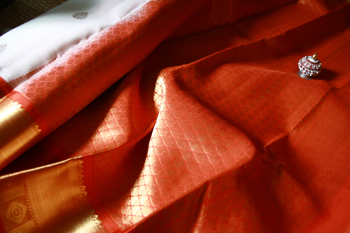 Swan White Pure Silk Kanjivaram Saree with Red and Golden Zari work | SILK MARK CERTIFIED