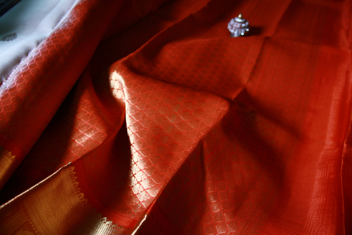 Swan White Pure Silk Kanjivaram Saree with Red and Golden Zari work | SILK MARK CERTIFIED