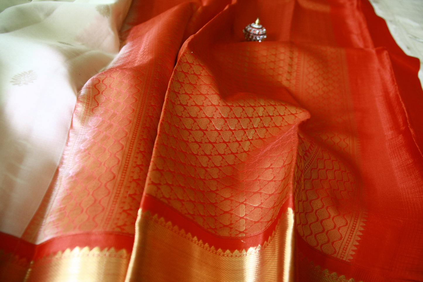 Swan White Pure Silk Kanjivaram Saree with Red and Golden Zari work | SILK MARK CERTIFIED