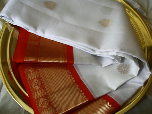 Swan White Pure Silk Kanjivaram Saree with Red and Golden Zari work | SILK MARK CERTIFIED